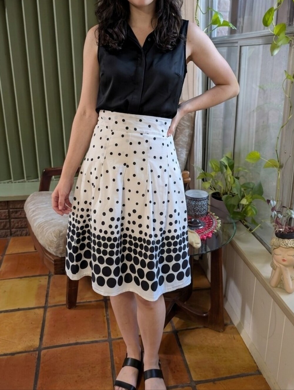 Elementz White And Black Polka Dot Pleated Cotton Skirt.